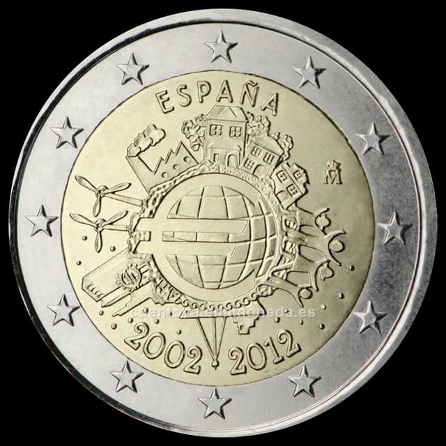 Imagen orientativa: 2 euros 2012, 10 años de billetes y monedas de euro (emisión conjunta de 17 países)