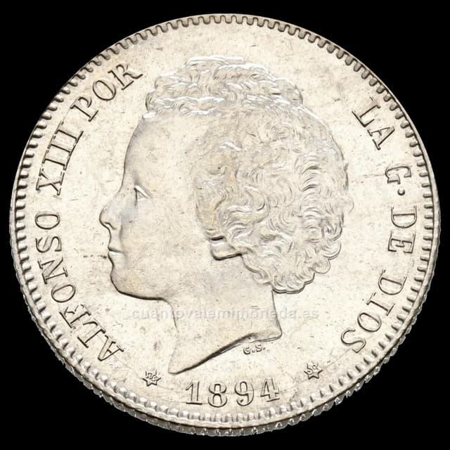 Imagen orientativa: 1 peseta 1893 Alfonso XIII (plata), bucles, estrellas 18-93 PGL