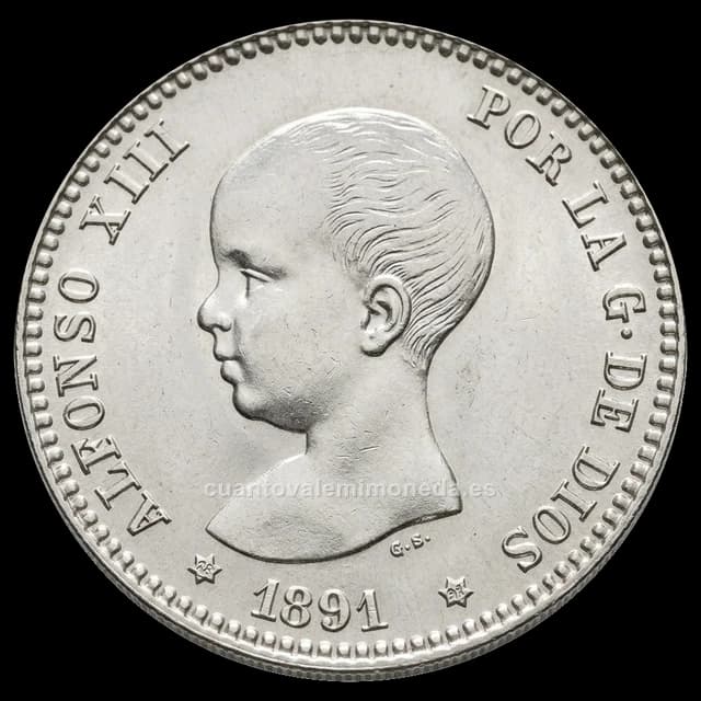Imagen orientativa: 1 peseta 1889 Alfonso XIII (plata), pelón, estrellas 18-89 MPM