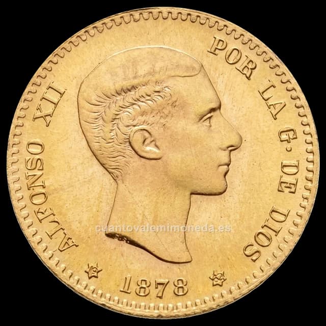 Imagen orientativa: 10 pesetas 1878 Alfonso XII (oro), estrellas 18-78 EMM