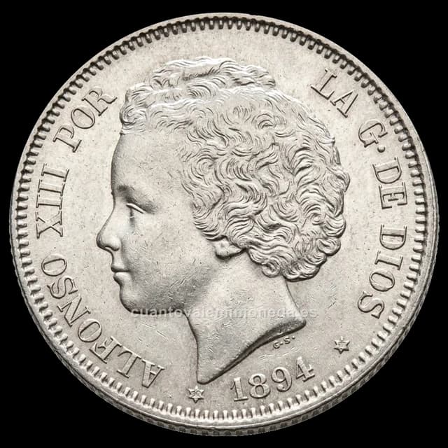 Imagen orientativa: 2 pesetas 1894 Alfonso XIII (plata), bucles, estrellas 18-94 PGV