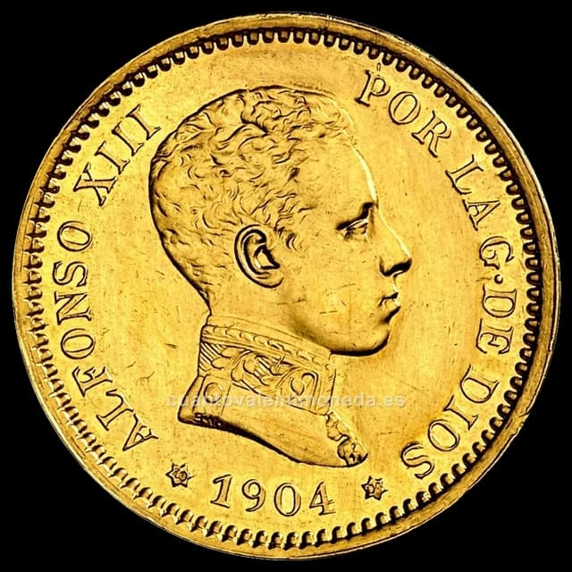Imagen orientativa: 20 pesetas 1904 Alfonso XIII (oro), estrellas 19-04 SMV