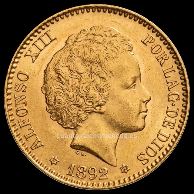 Imagen orientativa: 20 pesetas 1892 Alfonso XIII (oro), bucles, PGM