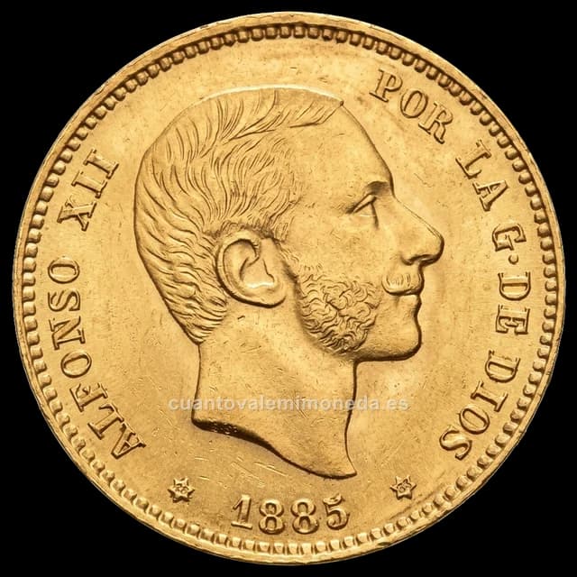 Imagen orientativa: 25 pesetas 1885 Alfonso XII (oro), estrellas 18-86 MSM