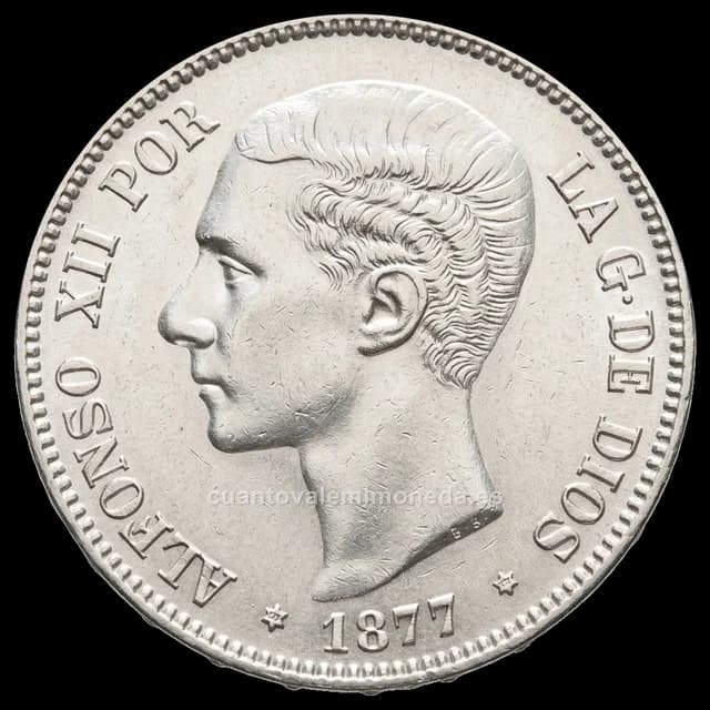 Imagen orientativa: 5 pesetas 1879 Alfonso XII (plata), estrellas 18-79 EMM