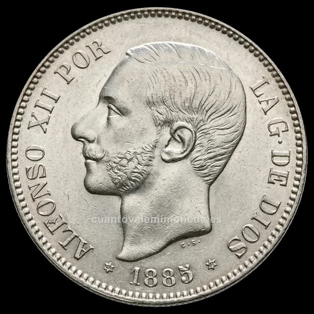 Imagen orientativa: 5 pesetas 1885 Alfonso XII (plata), estrellas 18-85, 18-86 y 18-87