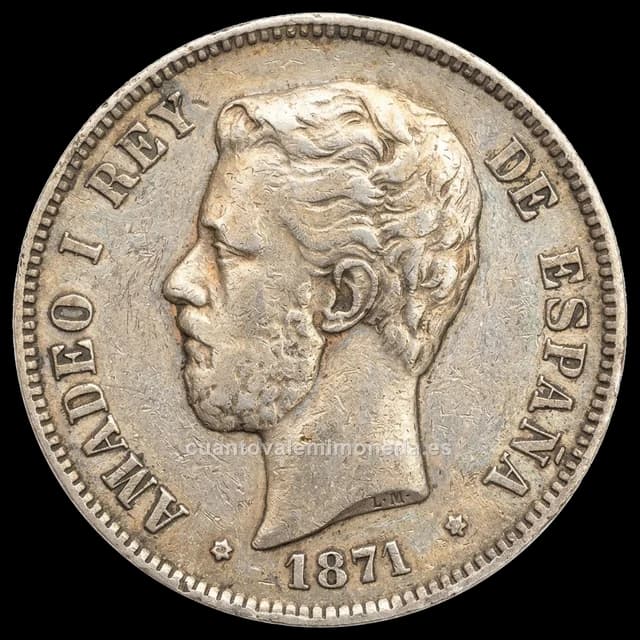 Imagen orientativa: 5 pesetas 1871 Amadeo I (plata), estrellas 18-73 DEM