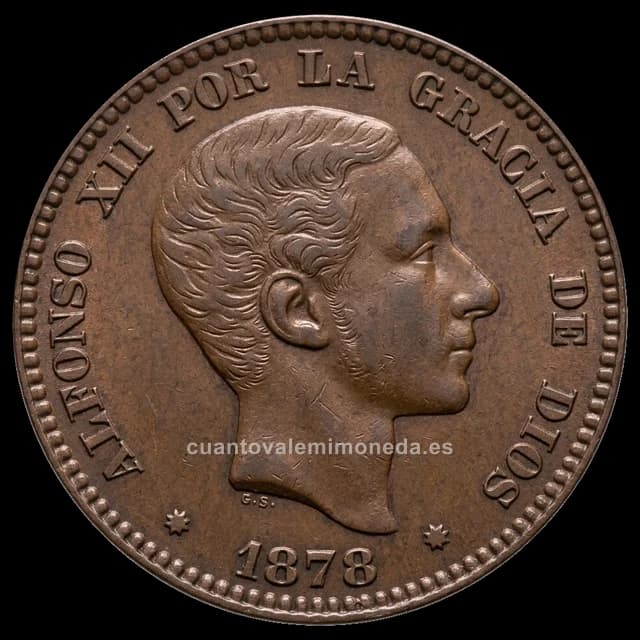 Imagen orientativa: 5 céntimos 1877 Alfonso XII (bronce), perra chica, OM