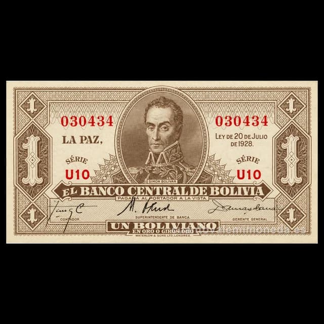 Imagen orientativa: Billete de 1 boliviano Bolivia 1928 (Bolívar, Banco Central)