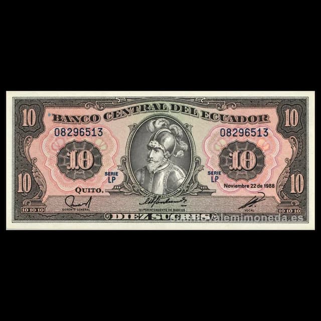 Imagen orientativa: Billete de 10 sucres Ecuador 1986-1988 (Sebastián de Benalcázar)