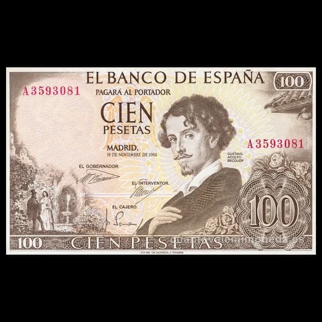 Imagen orientativa: Billete de 100 pesetas 1965 (Gustavo Adolfo Bécquer)