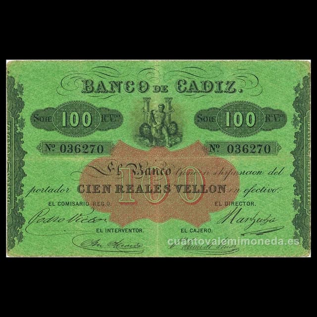 Imagen orientativa: Billete de 100 reales de vellón (Banco de Cádiz, III emisión, R. O. 1847)