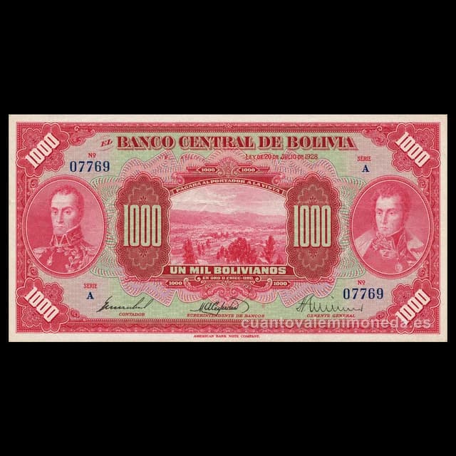 Imagen orientativa: Billete de 1000 bolivianos Bolivia 1928 (vista de La Paz)