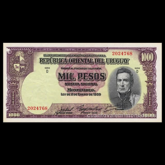 Imagen orientativa: Billete de 1000 pesos Uruguay 1939 (Artigas, el más alto de la serie)