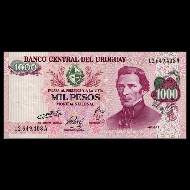 Imagen orientativa: Billete de 1000 pesos Uruguay 1974 (Artigas, Banco Central)