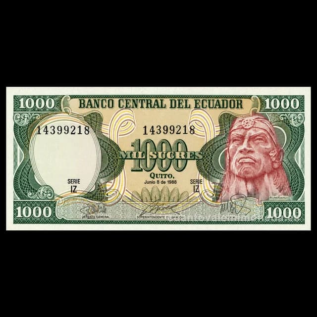 Imagen orientativa: Billete de 1000 sucres Ecuador 1984-1988 (Rumiñahui)