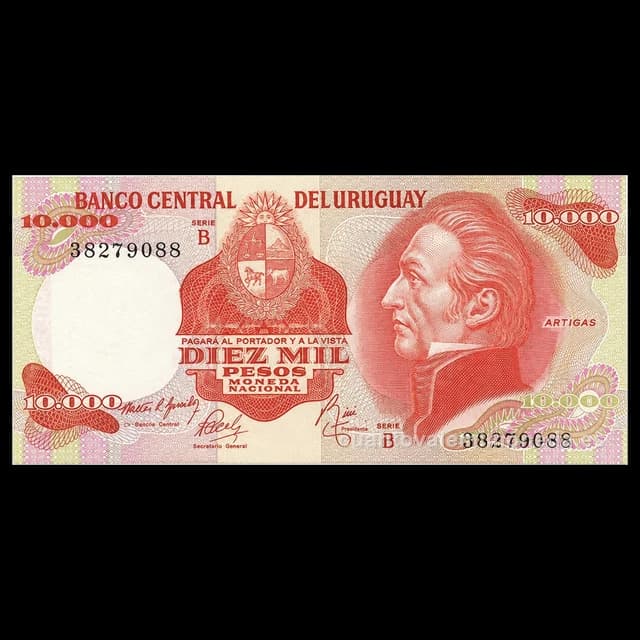 Imagen orientativa: Billete de 10.000 pesos Uruguay 1974 (Artigas, Palacio Estévez)