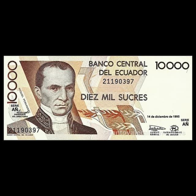 Imagen orientativa: Billete de 10.000 sucres Ecuador 1988-1999 (Vicente Rocafuerte)