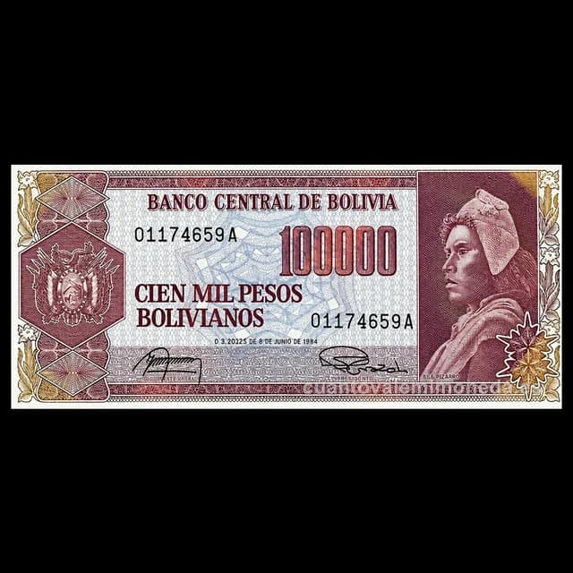 Imagen orientativa: Billete de 100.000 pesos bolivianos Bolivia 1984 (hiperinflación)
