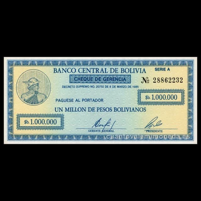 Imagen orientativa: Billete de 1.000.000 de pesos bolivianos Bolivia 1985