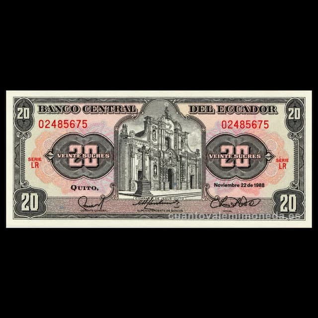 Imagen orientativa: Billete de 20 sucres Ecuador 1986-1988 (iglesia de la Compañía de Jesús)