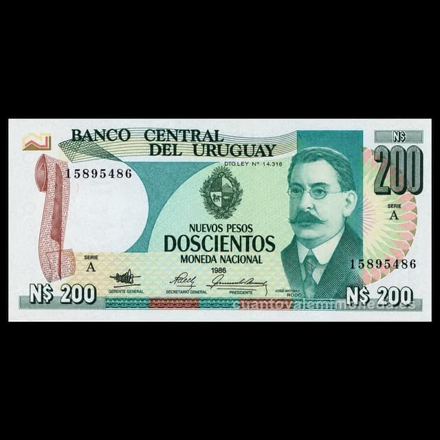 Imagen orientativa: Billete de 200 nuevos pesos Uruguay 1986 (José Enrique Rodó)