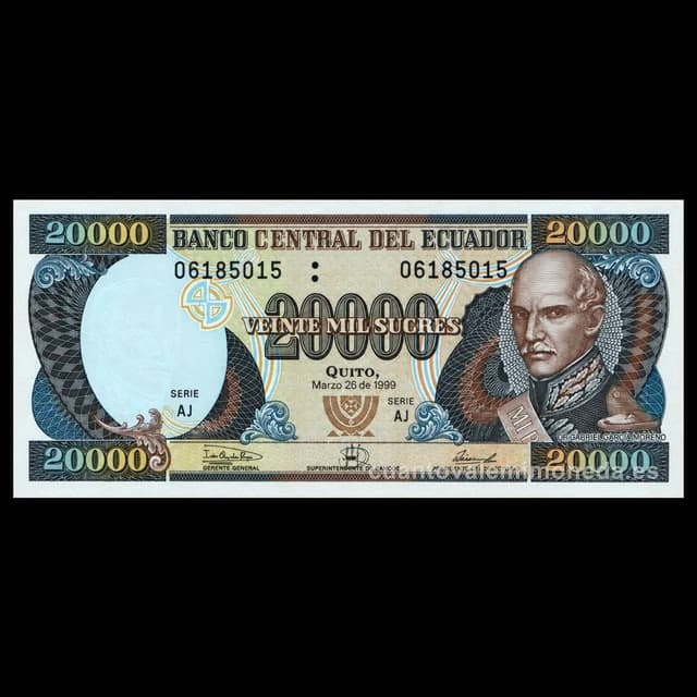 Imagen orientativa: Billete de 20.000 sucres Ecuador 1995-1999 (Gabriel García Moreno)