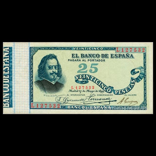 Imagen orientativa: Billete de 25 pesetas 1899 (Quevedo)