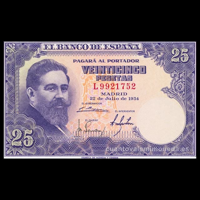 Imagen orientativa: Billete de 25 pesetas 1954 (Isaac Albéniz)