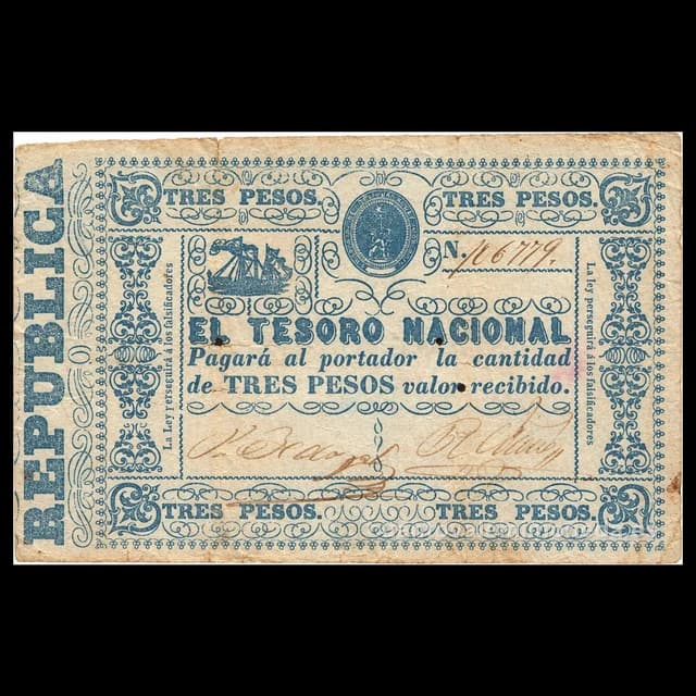 Imagen orientativa: Billete de 3 pesos Paraguay 1865 (Tesoro Nacional, guerra de la Triple Alianza)