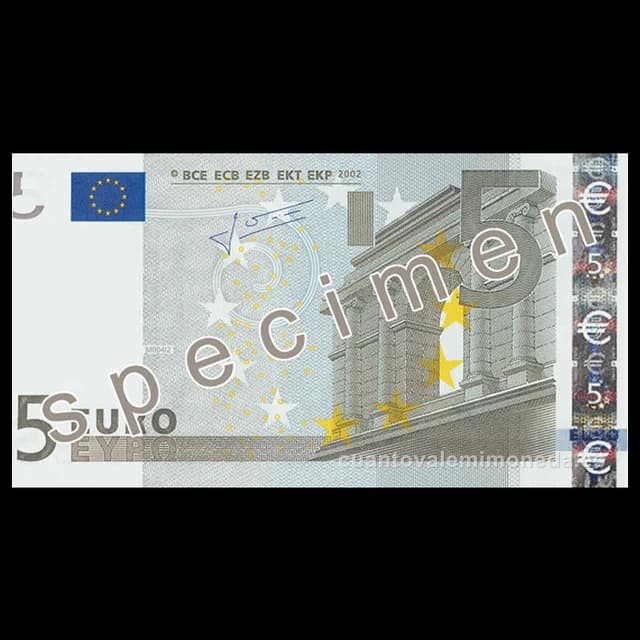 Imagen orientativa: Billete de 5 euros 2002 con prefijo Y (Grecia) y código de imprenta N