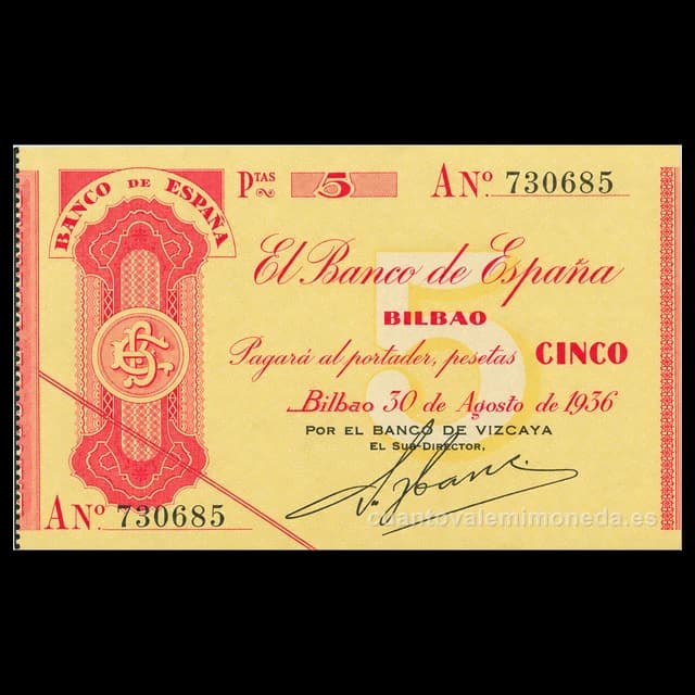 Imagen orientativa: Billete-cheque de 5 pesetas 1936 (Banco de España, Bilbao)