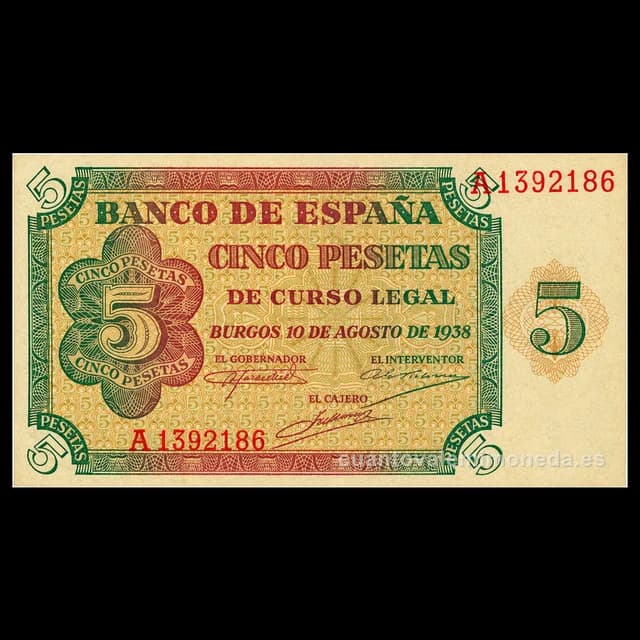 Imagen orientativa: Billete de 5 pesetas 1938 (Burgos)