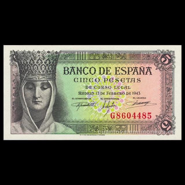 Imagen orientativa: Billete de 5 pesetas 1943 (Isabel la Católica)