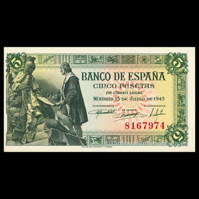 Imagen orientativa: Billete de 5 pesetas 1945 (Capitulaciones de Santa Fe)