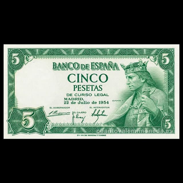 Imagen orientativa: Billete de 5 pesetas 1954 (Alfonso X el Sabio)