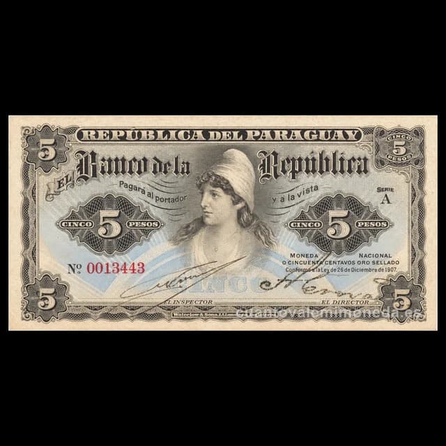 Imagen orientativa: Billete de 5 pesos moneda nacional Paraguay 1907 (= 1/2 peso oro)