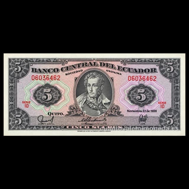 Imagen orientativa: Billete de 5 sucres Ecuador 1988 (Antonio José de Sucre)