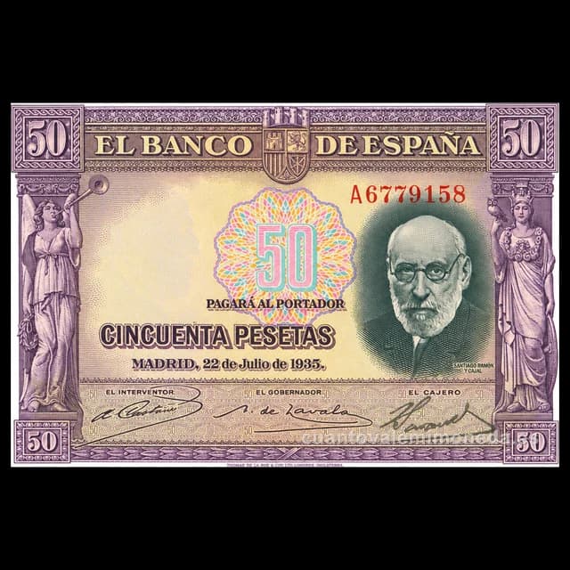 Imagen orientativa: Billete de 50 pesetas 1935 (Santiago Ramón y Cajal)