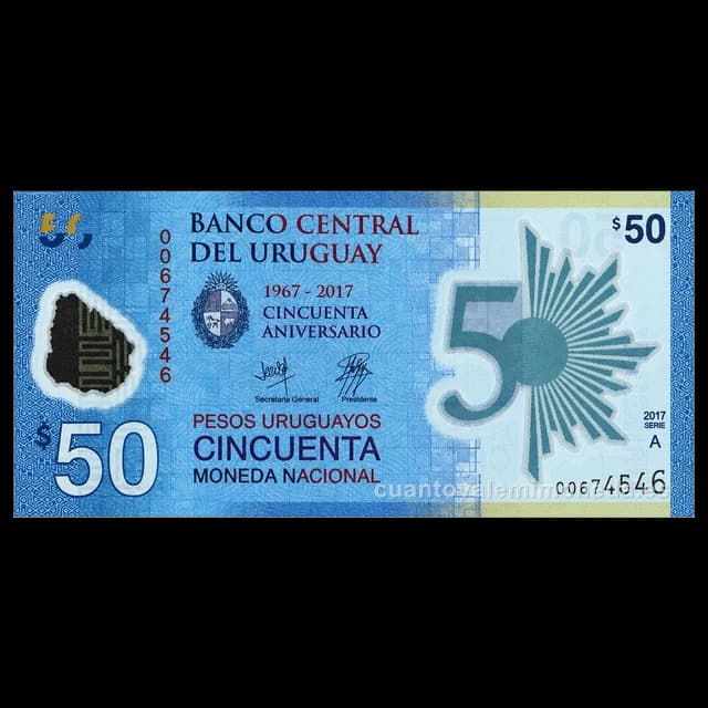Imagen orientativa: Billete de 50 pesos uruguayos 2017 (polímero, 50 años del Banco Central)