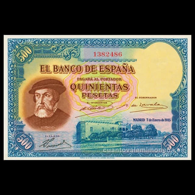 Imagen orientativa: Billete de 500 pesetas 1935 (Hernán Cortés)
