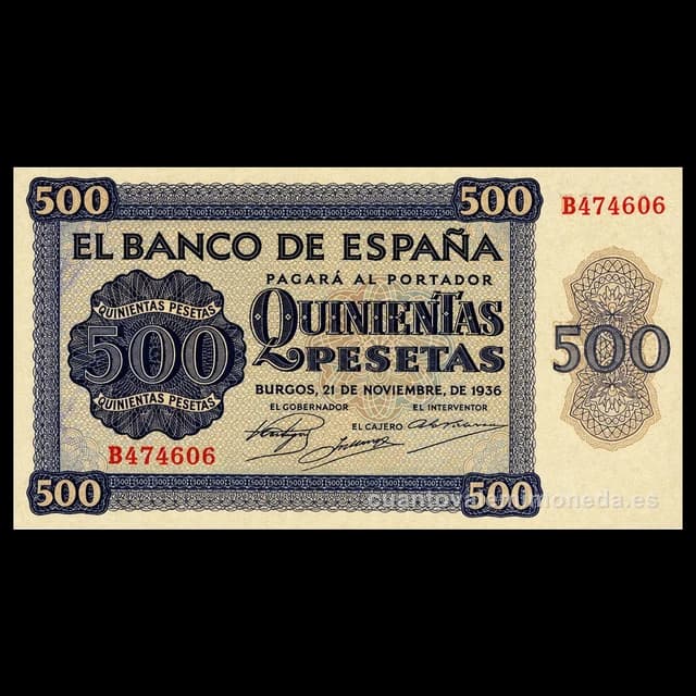 Imagen orientativa: Billete de 500 pesetas 1936 (Burgos, bando nacional)