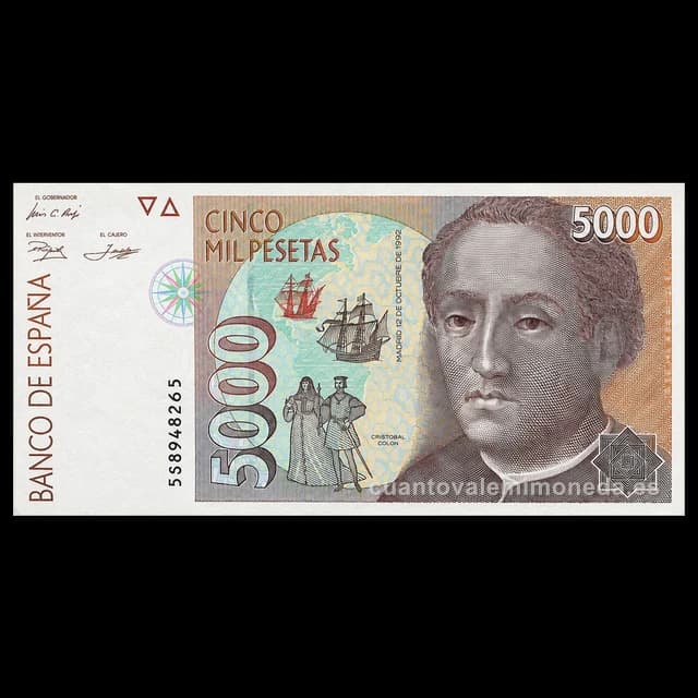 Imagen orientativa: Billete de 5.000 pesetas 1992 (Cristóbal Colón)