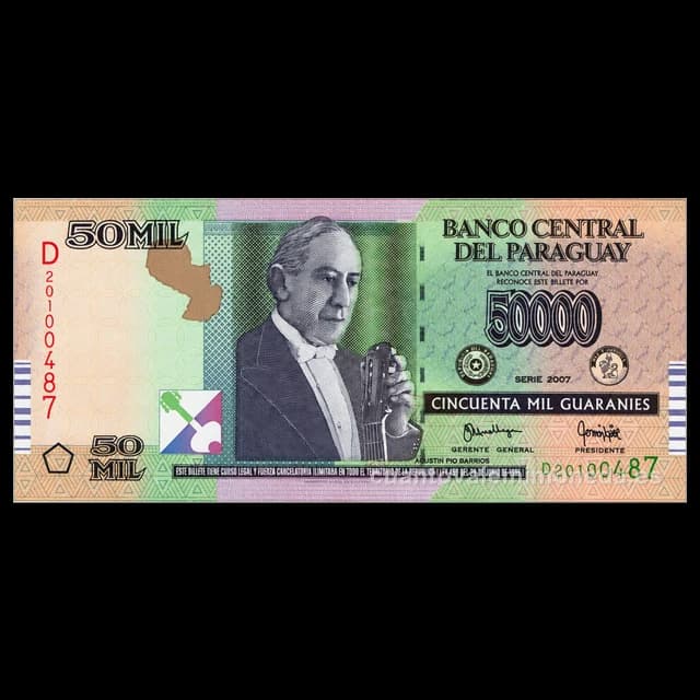 Imagen orientativa: Billete de 50.000 guaraníes Paraguay 2007 (Agustín Barrios)
