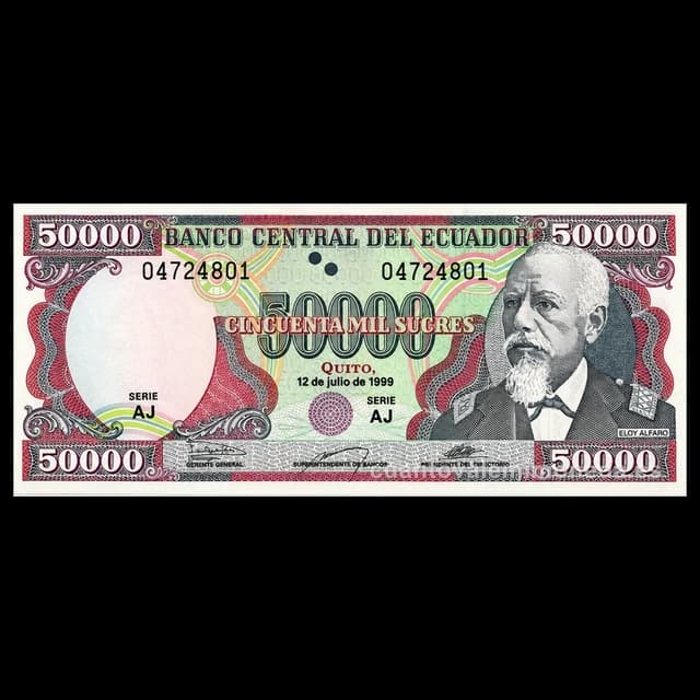 Imagen orientativa: Billete de 50.000 sucres Ecuador 1995-1999 (Eloy Alfaro, el último del sucre)