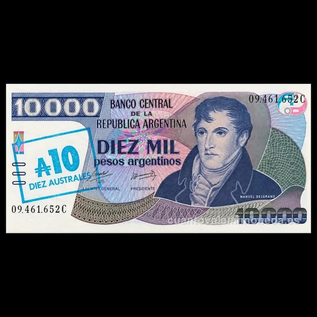 Imagen orientativa: Billete de 10 australes resellado sobre 10.000 pesos argentinos (1985)