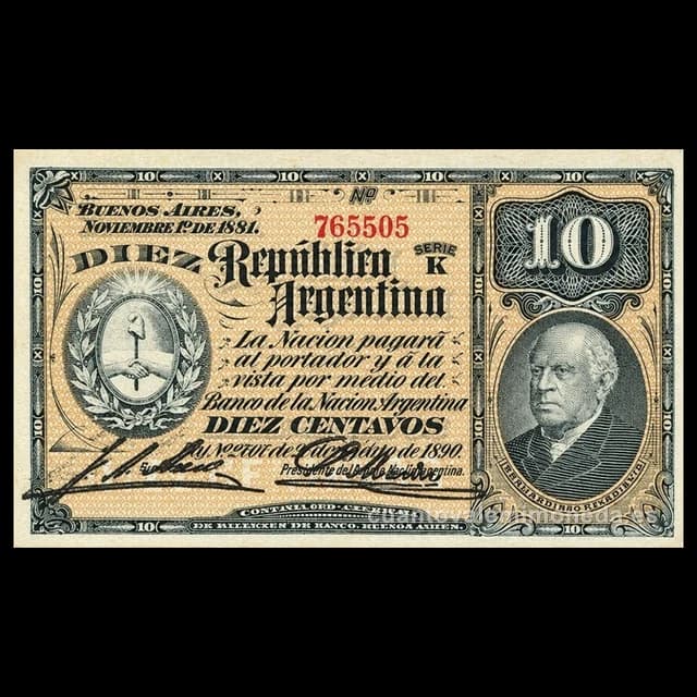 Imagen orientativa: Billete de 10 centavos 1891-1896 (Sarmiento, fraccionario)