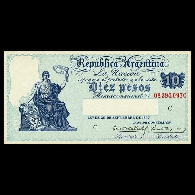 Imagen orientativa: Billete de 10 pesos Caja de Conversión (Progreso, hasta 1935)