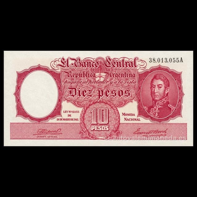 Imagen orientativa: Billete de 10 pesos moneda nacional 1942-1963 (San Martín joven)