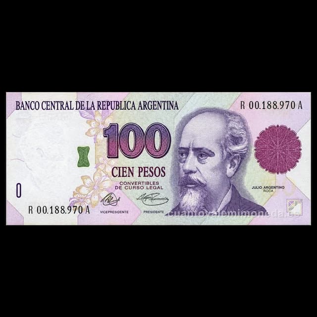 Imagen orientativa: Billete de 100 pesos convertibles 1992 (Roca) de reposición, serie R
